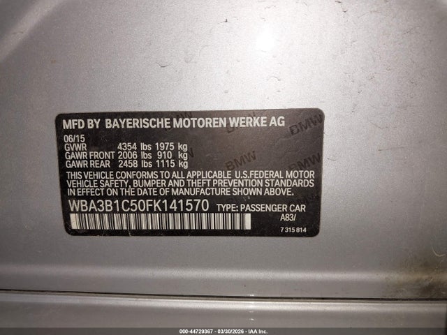 2015 Bmw 320i მანქანა იყიდება აუქციონზე, vin: WBA3B1C50FK141570, აუქციონის ნომერი: 44729367