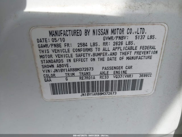 Aukcja sprzedaży 2011 Infiniti M37x, vin: JN1BY1AR8BM372673, numer aukcji: 44729370