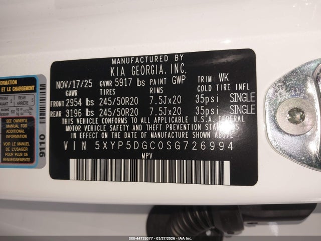 Aukcja sprzedaży 2025 Kia Telluride Sx Prestige X-line, vin: 5XYP5DGC0SG726994, numer aukcji: 44729377