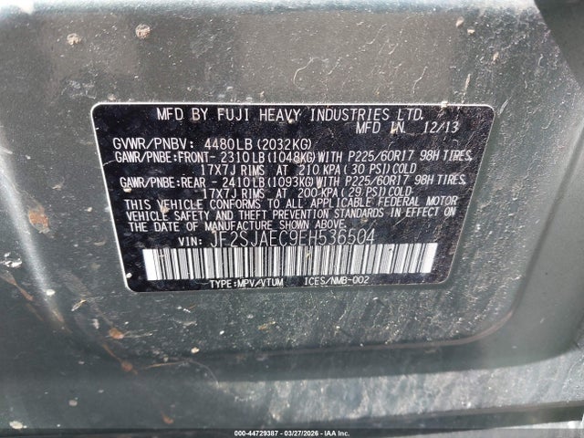 2014 Subaru Forester 2.5i Premium მანქანა იყიდება აუქციონზე, vin: JF2SJAEC9EH536504, აუქციონის ნომერი: 44729387