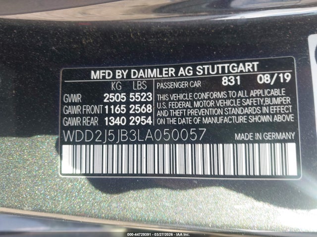 44729391 :رقم المزاد ، WDD2J5JB3LA050057 vin ، 2020 Mercedes-benz Cls 450 مزاد بيع