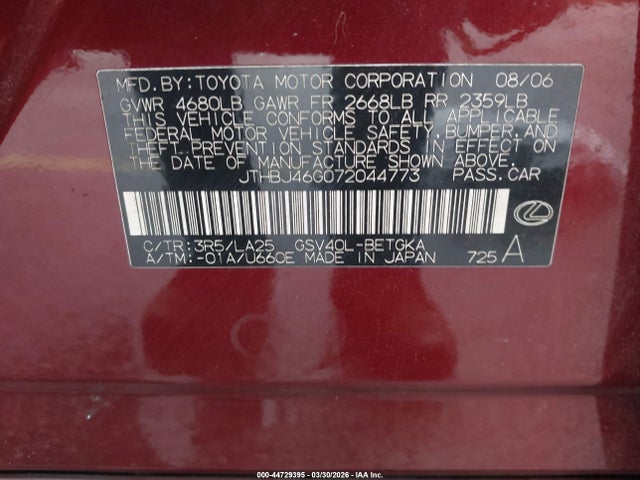 Продажа на аукционе авто 2007 Lexus Es 350, vin: JTHBJ46G072044773, номер лота: 44729395