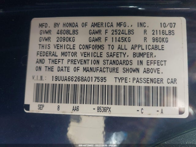 2008 ACURA TL 19UUA66268A017595 Photo 8