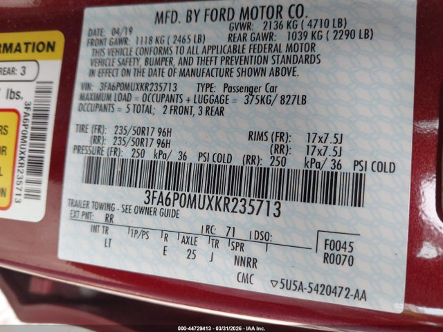 3FA6P0MUXKR235713 Ford Fusion Hybrid Sel