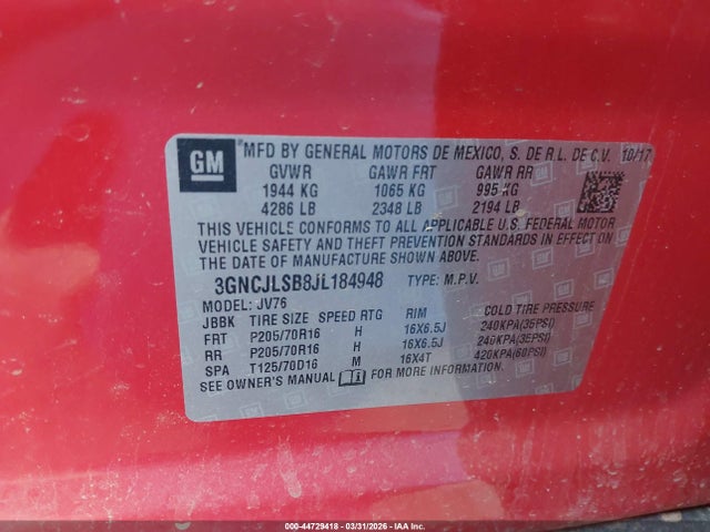 Продаж на аукціоні авто 2018 Chevrolet Trax Lt, vin: 3GNCJLSB8JL184948, номер лоту: 44729418