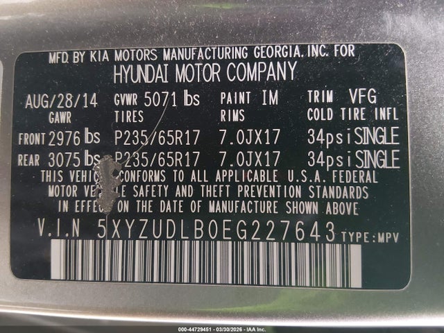 5XYZUDLB0EG227643 Hyundai Santa Fe Sport 2.4l