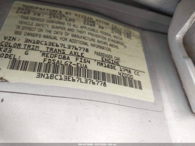 2007 NISSAN VERSA 3N1BC13E67L376778 Photo 8