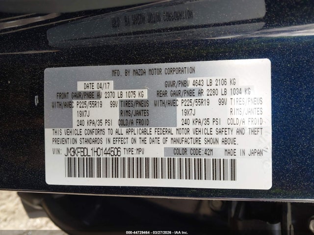 Продажа на аукционе авто 2017 Mazda Cx-5 Grand Touring, vin: JM3KFBDL1H0144506, номер лота: 44729464