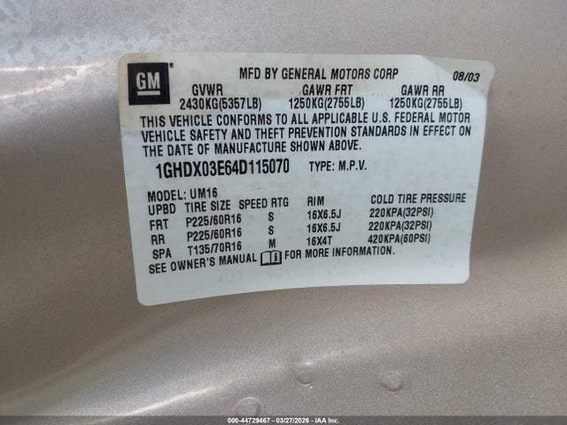 Продажа на аукционе авто 2004 Oldsmobile Silhouette Gl, vin: 1GHDX03E64D115070, номер лота: 44729467