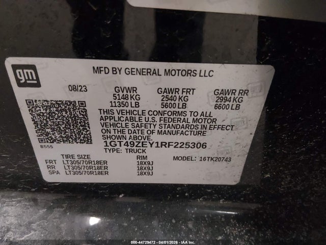 44729472 :رقم المزاد ، 1GT49ZEY1RF225306 vin ، 2024 Gmc Sierra 2500hd 4wd  Standard Bed At4x مزاد بيع