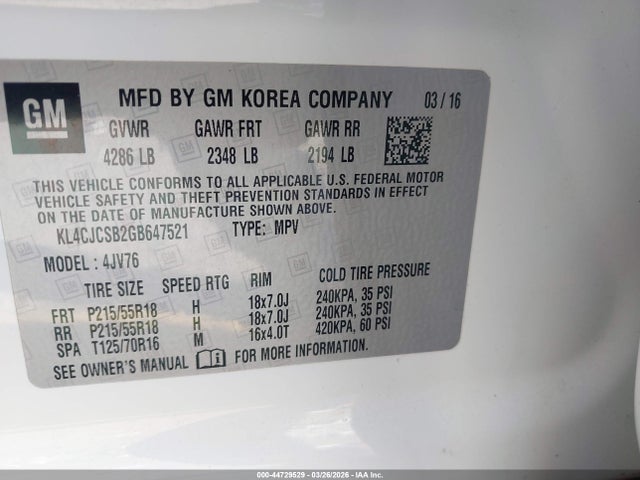 Aukcja sprzedaży 2016 Buick Encore Leather, vin: KL4CJCSB2GB647521, numer aukcji: 44729529