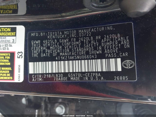 Aukcja sprzedaży 2022 Toyota Camry Xse V6, vin: 4T1KZ1AK5NU066043, numer aukcji: 44729548