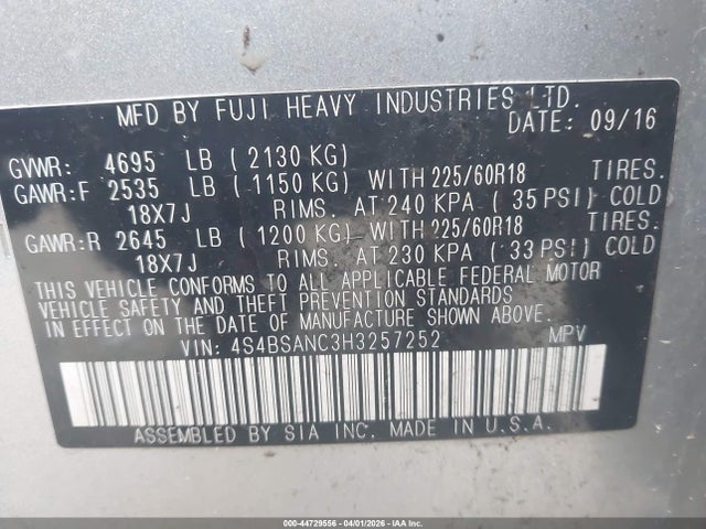 44729556 :رقم المزاد ، 4S4BSANC3H3257252 vin ، 2017 Subaru Outback 2.5i Limited مزاد بيع