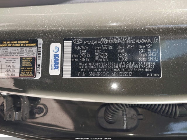 Продаж на аукціоні авто 2024 Hyundai Santa Fe Sel, vin: 5NMP2DGL6RH013512, номер лоту: 44729567