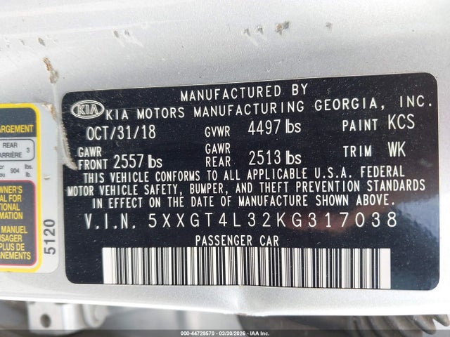 5XXGT4L32KG317038 KIA Optima Lx