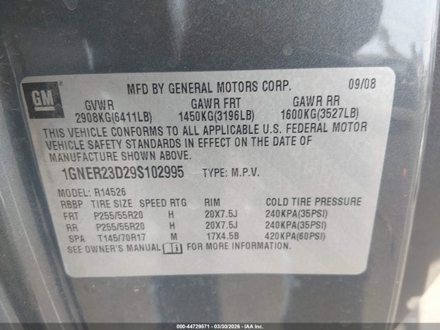 2009 Chevrolet Traverse Lt მანქანა იყიდება აუქციონზე, vin: 1GNER23D29S102995, აუქციონის ნომერი: 44729571