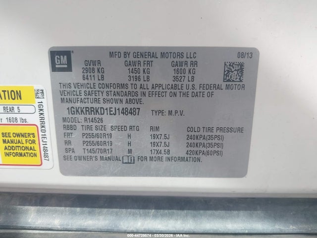 44729574 :رقم المزاد ، 1GKKRRKD1EJ148487 vin ، 2014 Gmc Acadia Slt-1 مزاد بيع
