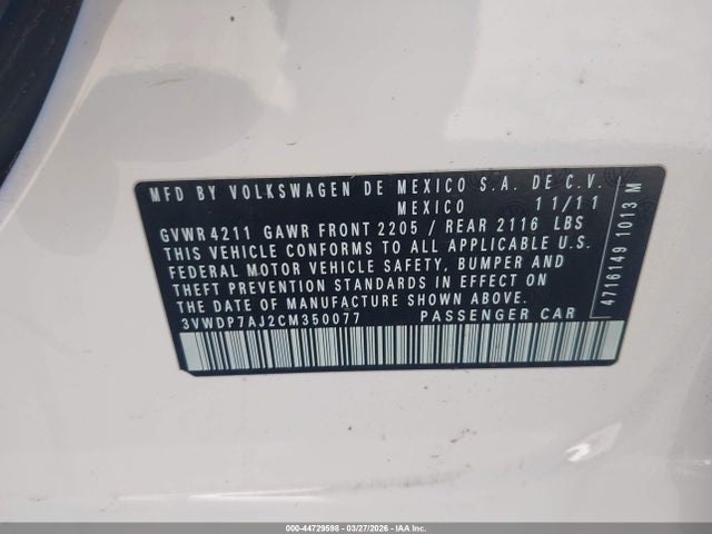2012 Volkswagen Jetta 2.5l Se მანქანა იყიდება აუქციონზე, vin: 3VWDP7AJ2CM350077, აუქციონის ნომერი: 44729598