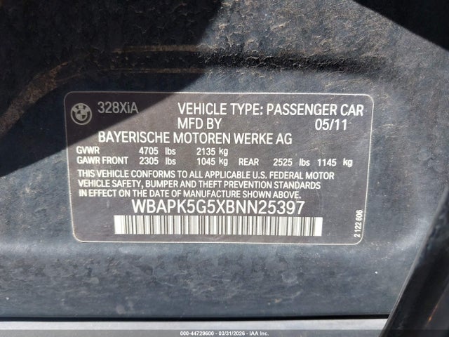 44729600 :رقم المزاد ، WBAPK5G5XBNN25397 vin ، 2011 Bmw 328i Xdrive مزاد بيع