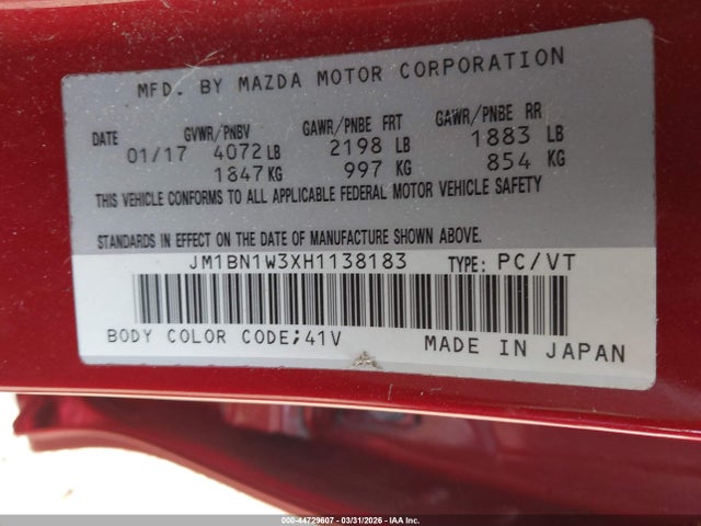 2017 Mazda Mazda3 Grand Touring მანქანა იყიდება აუქციონზე, vin: JM1BN1W3XH1138183, აუქციონის ნომერი: 44729607