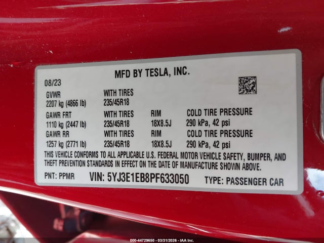 Продаж на аукціоні авто 2023 Tesla Model 3 Long Range Dual Motor All-wheel Drive, vin: 5YJ3E1EB8PF633050, номер лоту: 44729650