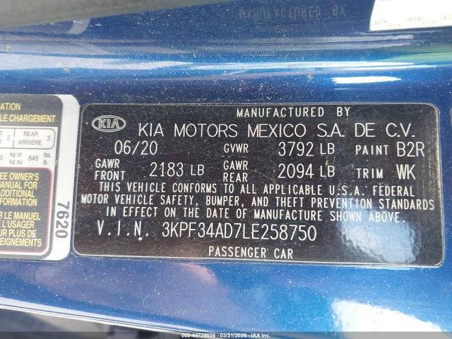 Продаж на аукціоні авто 2020 Kia Forte Gt-line, vin: 3KPF34AD7LE258750, номер лоту: 44729656