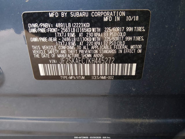 2019 Subaru Forester Premium მანქანა იყიდება აუქციონზე, vin: JF2SKAEC7KH445272, აუქციონის ნომერი: 44729658