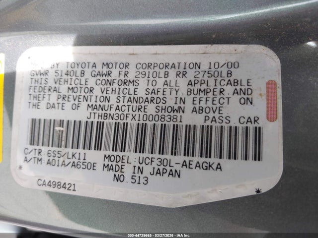 Auction sale of the 2001 Lexus Ls 430, vin: JTHBN30FX10008381, lot number: 44729665