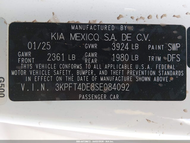 Продаж на аукціоні авто 2025 Kia K4 Lxs, vin: 3KPFT4DE8SE084092, номер лоту: 44729672