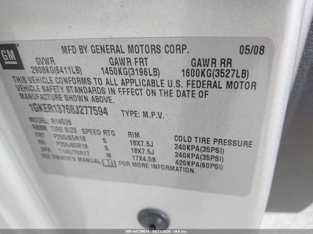 Aukcja sprzedaży 2008 Gmc Acadia Sle-1, vin: 1GKER13768J277594, numer aukcji: 44729674