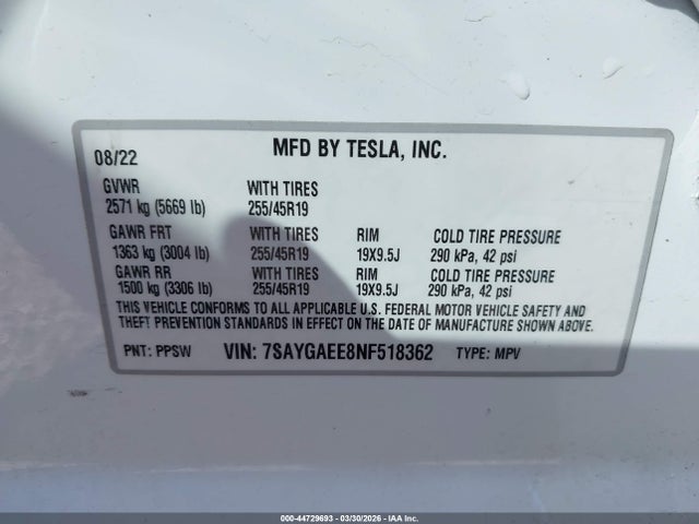 2022 Tesla Model Y Long Range Dual Motor All-wheel Drive მანქანა იყიდება აუქციონზე, vin: 7SAYGAEE8NF518362, აუქციონის ნომერი: 44729693