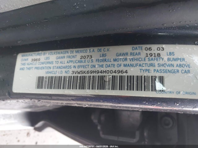 Aukcja sprzedaży 2004 Volkswagen Jetta Gls 2.0l, vin: 3VWSK69M94M004964, numer aukcji: 44729701