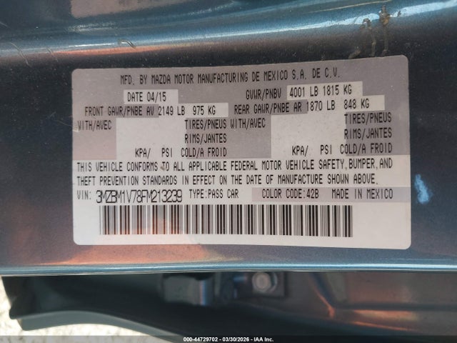 44729702 :رقم المزاد ، 3MZBM1V78FM213239 vin ، 2015 Mazda Mazda3 I Touring مزاد بيع