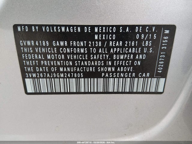 2016 Volkswagen Jetta 1.4t S მანქანა იყიდება აუქციონზე, vin: 3VW267AJ9GM247805, აუქციონის ნომერი: 44729710