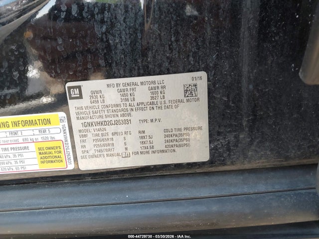 Продаж на аукціоні авто 2016 Chevrolet Traverse 2lt, vin: 1GNKVHKD2GJ263031, номер лоту: 44729730