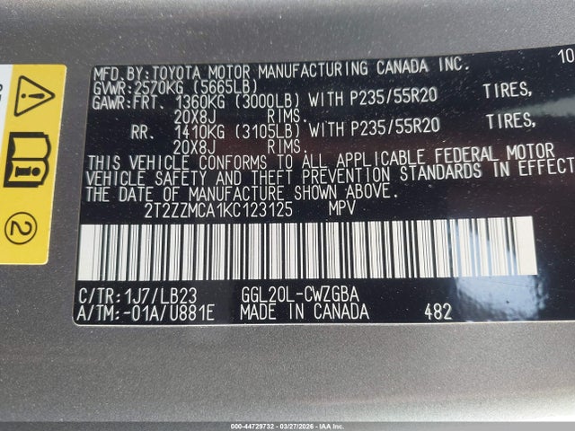 44729732 :رقم المزاد ، 2T2ZZMCA1KC123125 vin ، 2019 Lexus Rx 350 مزاد بيع