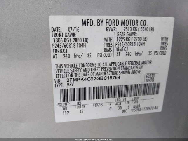 Aukcja sprzedaży 2016 Ford Edge Se, vin: 2FMPK4G92GBC16764, numer aukcji: 44729735