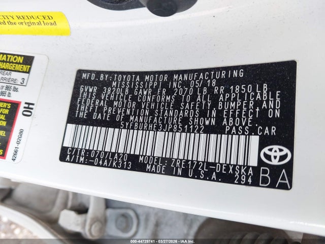 5YFBURHE3JP851122 Toyota Corolla Xse