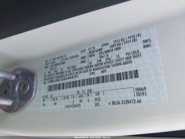 44729743 :رقم المزاد ، 1FMCU0E12SUA54751 vin ، 2025 Ford Escape Phev مزاد بيع