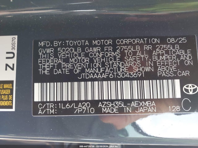 44729759 :رقم المزاد ، JTDAAAAF6T3043691 vin ، 2026 Toyota Crown Xle مزاد بيع