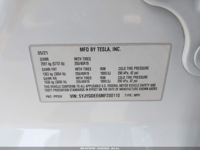 Aukcja sprzedaży 2021 Tesla Model Y Long Range Dual Motor All-wheel Drive, vin: 5YJYGDEE6MF200110, numer aukcji: 44729760