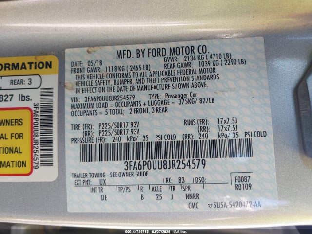 Ford Fusion Hybrid S 2018 3FA6P0UU8JR254579 Image 9