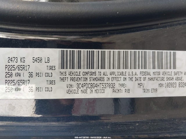 44729785 :رقم المزاد ، 3C4PDCBG4HT537032 vin ، 2017 Dodge Journey Sxt مزاد بيع