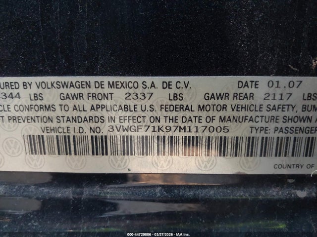 2007 Volkswagen Jetta მანქანა იყიდება აუქციონზე, vin: 3VWGF71K97M117005, აუქციონის ნომერი: 44729806