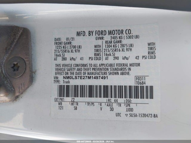44729805 :رقم المزاد ، NM0LS7E27M1497491 vin ، 2021 Ford Transit Connect Xl مزاد بيع