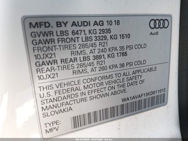 44729820 :رقم المزاد ، WA1AVAF13KD011012 vin ، 2019 Audi Q8 55 Premium مزاد بيع