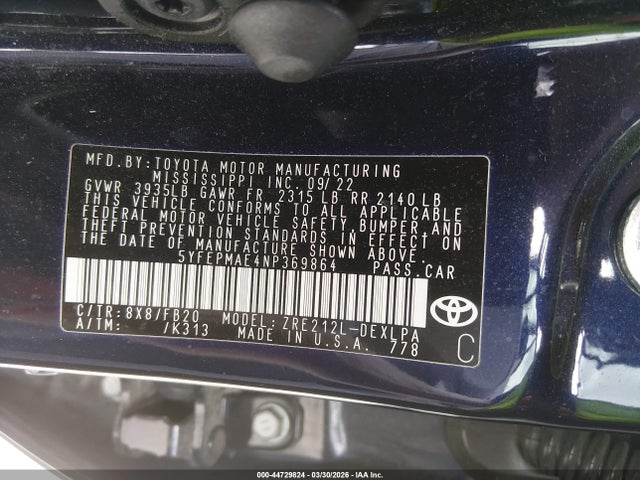 Aukcja sprzedaży 2022 Toyota Corolla Le, vin: 5YFEPMAE4NP369864, numer aukcji: 44729824