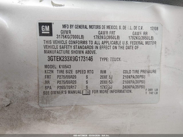 Продаж на аукціоні авто 2009 Gmc Sierra 1500 Sle, vin: 3GTEK233X9G173146, номер лоту: 44729826