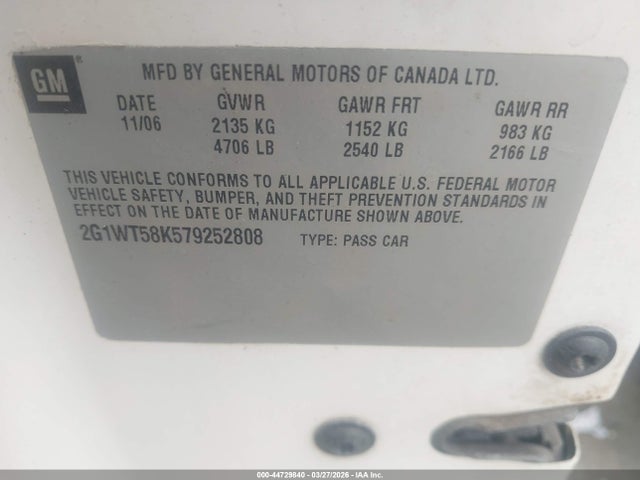44729840 :رقم المزاد ، 2G1WT58K579252808 vin ، 2007 Chevrolet Impala Lt مزاد بيع