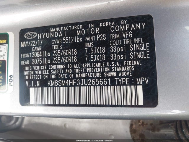 Aukcja sprzedaży 2018 Hyundai Santa Fe Se, vin: KM8SM4HF3JU265661, numer aukcji: 44729847
